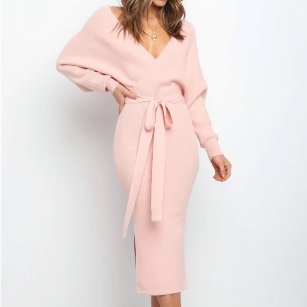 Petal & Pup Light Pink Ribbed Knit Midi Dress